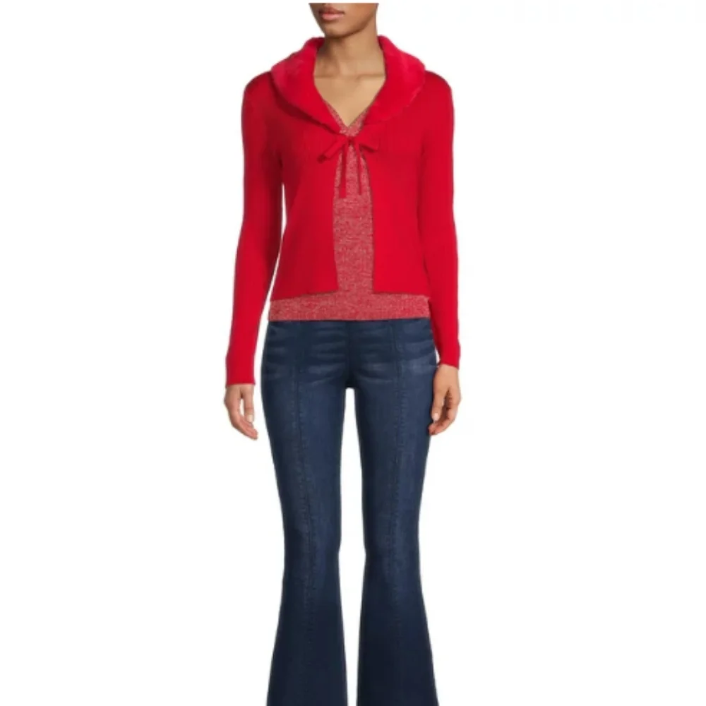 🎀Red Faux Fur Open Tie Front Cardigan NWT - Picture 6 of 8